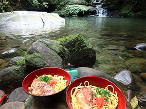 滝つぼで八重山そば